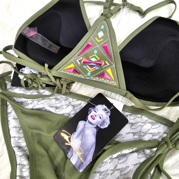 Marilyn Monroe Boho Bikini – Olive Green Aztec Embroidered Back Fringe Side Tie - Picture 16 of 16